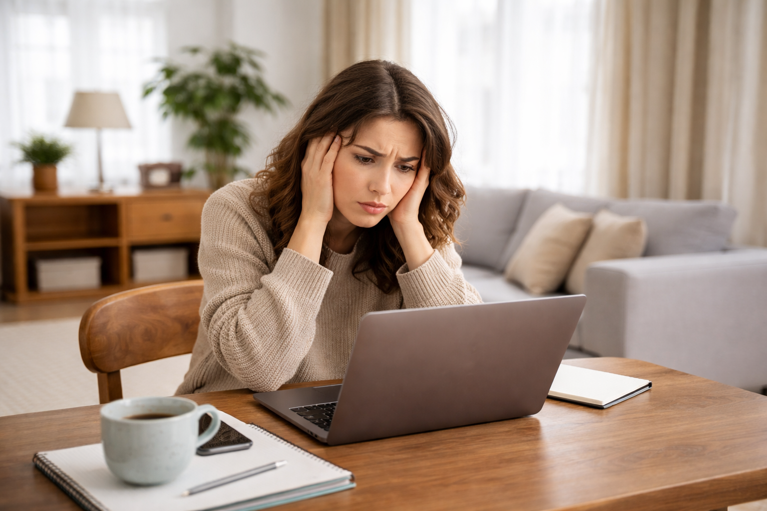 Vrouw gefrustreerd door trage laptop thuis