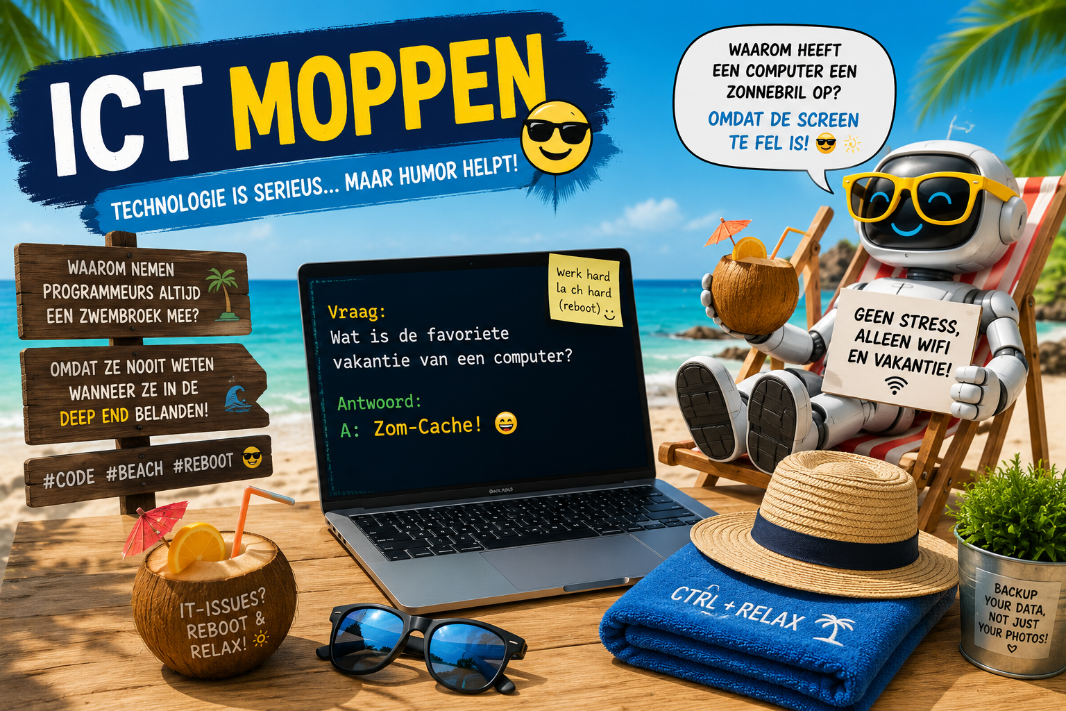 ICT Moppen Augustus 2026 Helpdeskmedewerker lacht om een grappige ICT-situatie tijdens de zomer.