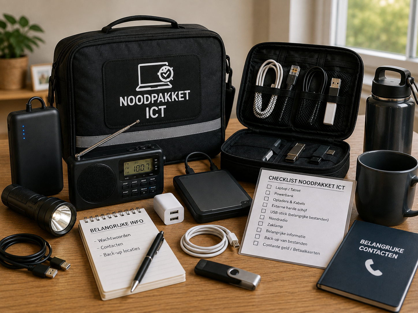 Noodpakket ICT samenstellen ICT-noodpakket met powerbank, laptop, USB-stick en noodradio. - Noodpakket ICT